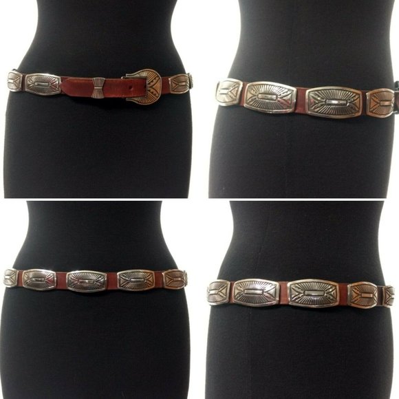 Rick Martinez Navajo Sterling Silver Concho Belt Brown Leather Southwestern